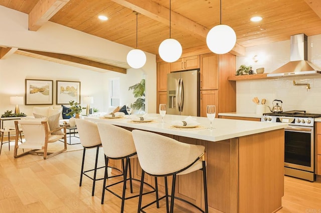 kitchen with stainless steel appliances, light countertops, backsplash, wood ceiling, and wall chimney exhaust hood