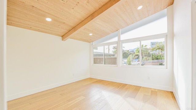 interior space with vaulted ceiling with beams, baseboards, wood ceiling, and recessed lighting