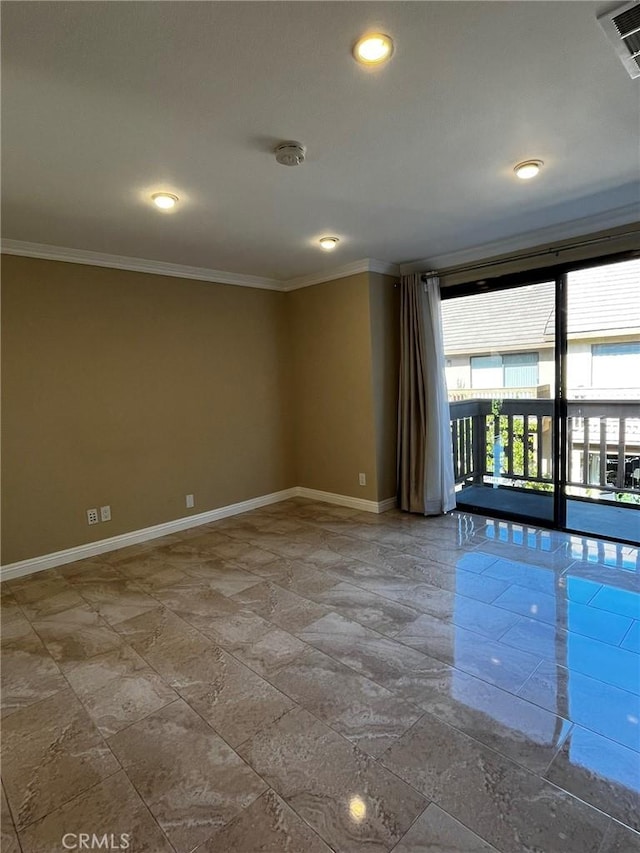 spare room featuring baseboards, visible vents, crown molding, and recessed lighting