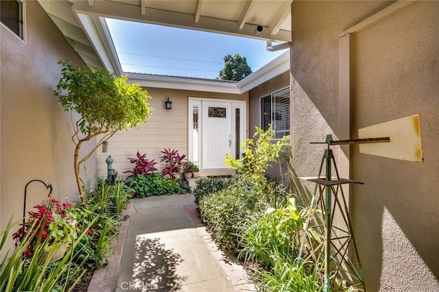 property entrance featuring stucco siding