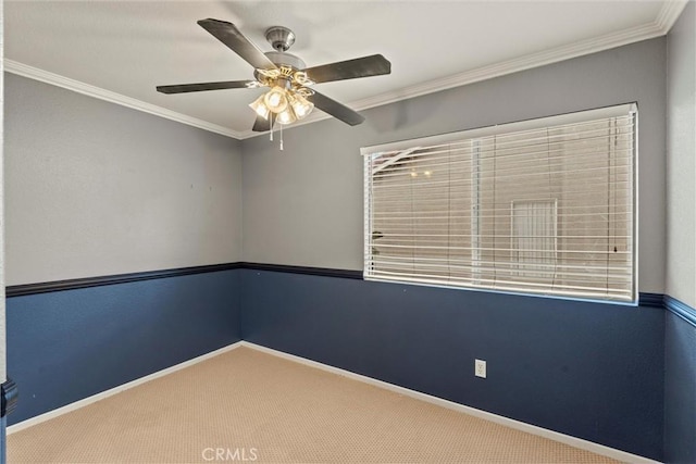 spare room featuring carpet flooring, crown molding, and baseboards