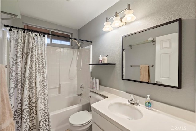 full bath featuring toilet, a textured wall, shower / bath combination with curtain, and vanity