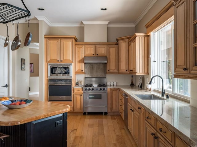 kitchen with under cabinet range hood, stainless steel appliances, a sink, light wood-style floors, and ornamental molding