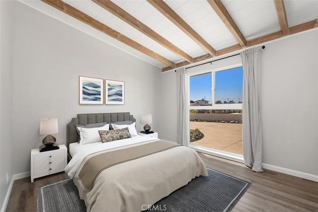 bedroom with vaulted ceiling with beams, baseboards, and wood finished floors