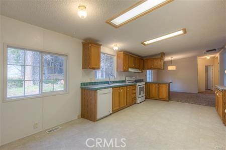 kitchen featuring electric range, brown cabinetry, white dishwasher, and range hood