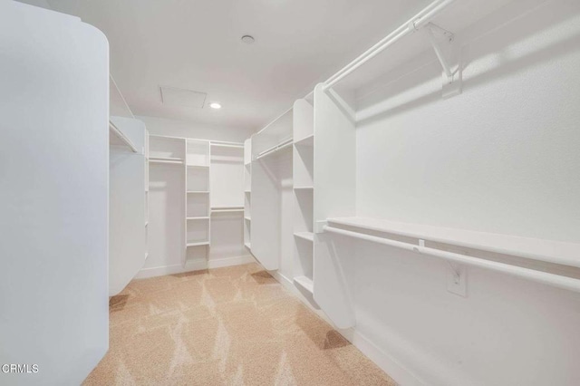 spacious closet with light carpet and attic access