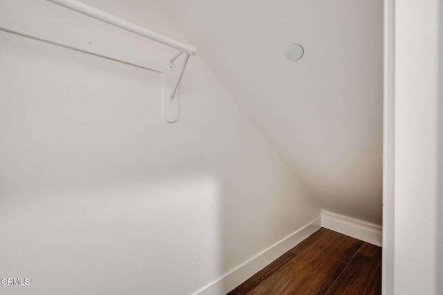 walk in closet with dark wood-type flooring