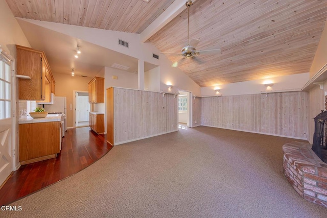 unfurnished living room with visible vents, high vaulted ceiling, wood ceiling, and a ceiling fan