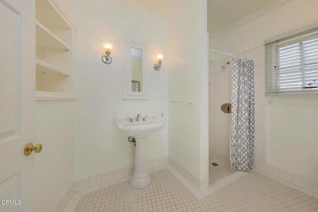 full bath featuring tile patterned flooring, crown molding, and a stall shower