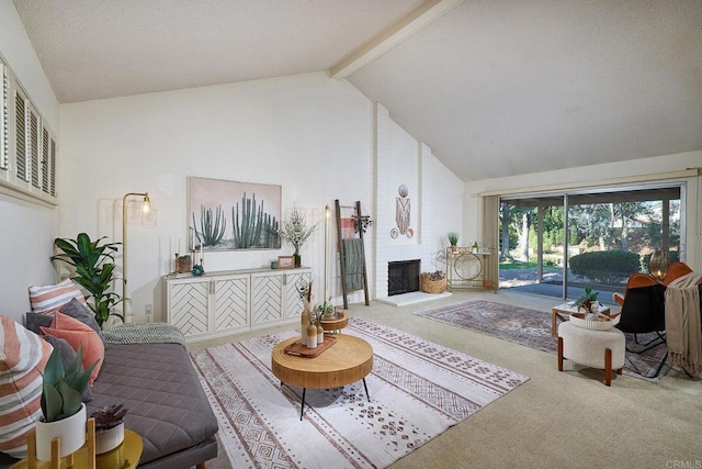 living area featuring carpet floors, a fireplace, and vaulted ceiling with beams