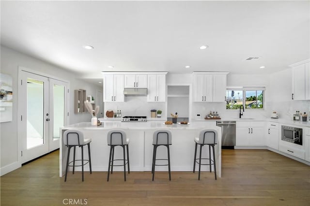 kitchen with light wood-style flooring, appliances with stainless steel finishes, french doors, under cabinet range hood, and a sink