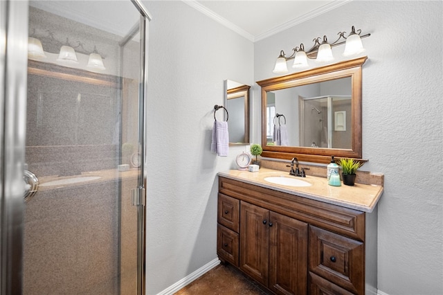 40115 Starling St, Temecula, CA 92591 - bathroom featuring a shower stall, vanity, and ornamental molding