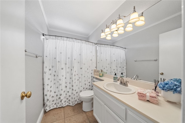 40115 Starling St, Temecula, CA 92591 - full bath featuring vanity, ornamental molding, tile patterned floors, and curtained shower
