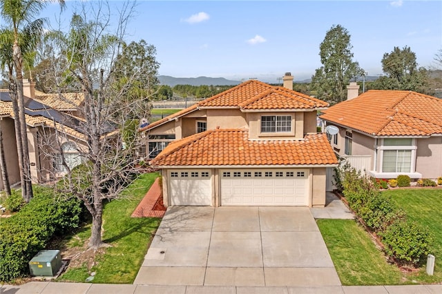40115 Starling St, Temecula, CA 92591 - mediterranean / spanish house featuring a chimney, stucco siding, a tiled roof, driveway, and a mountain view