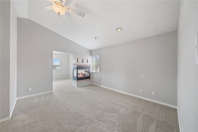 40115 Starling St, Temecula, CA 92591 - unfurnished living room with carpet floors, lofted ceiling, a multi sided fireplace, and ceiling fan