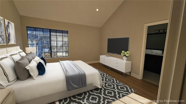 bedroom featuring lofted ceiling, baseboards, wood finished floors, and recessed lighting