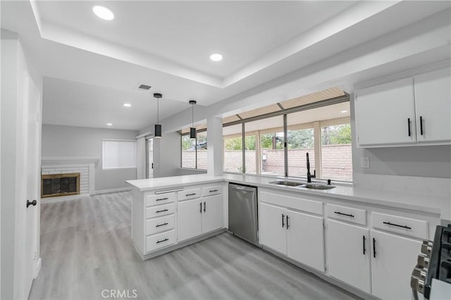 kitchen with dishwasher, light countertops, a sink, and a healthy amount of sunlight