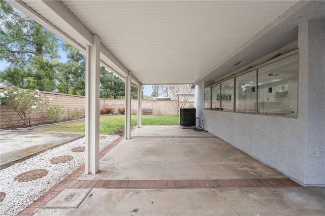 view of patio featuring a fenced backyard and central AC unit