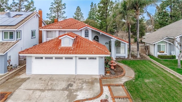 view of front of property with a garage, a tile roof, concrete driveway, stucco siding, and a front yard