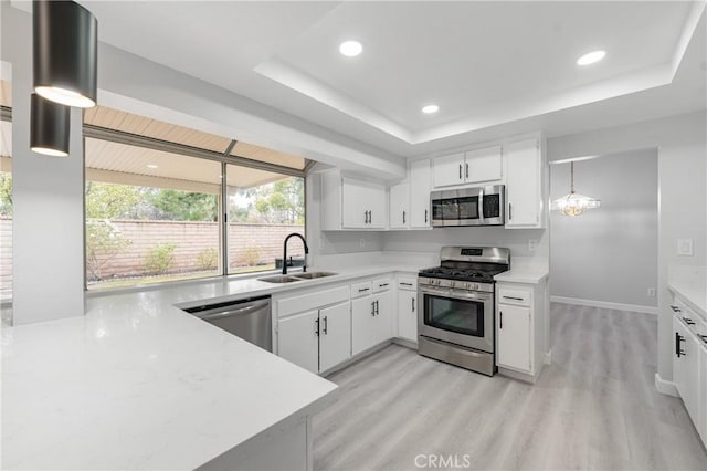 kitchen featuring stainless steel appliances, a raised ceiling, light countertops, light wood-style flooring, and a sink