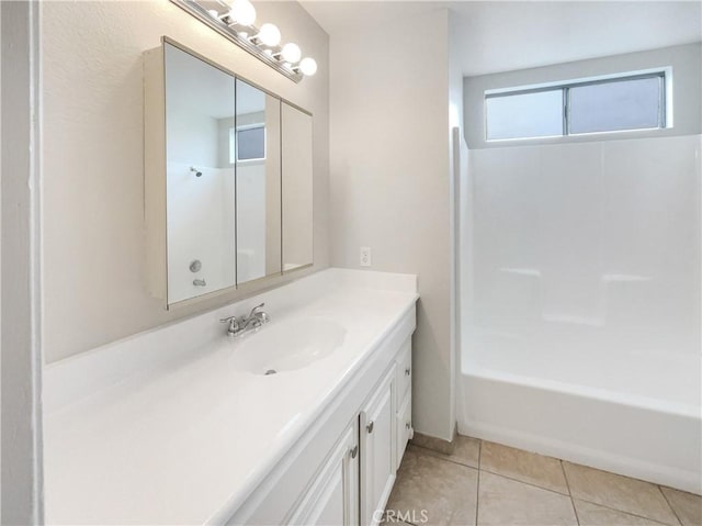 bathroom featuring shower / washtub combination, tile patterned flooring, and vanity