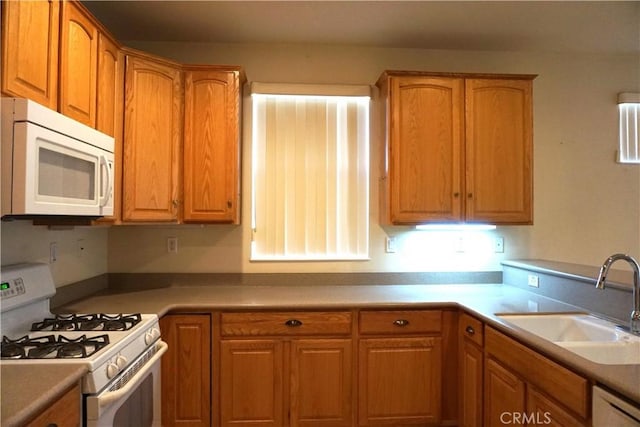 kitchen featuring light countertops, white appliances, brown cabinetry, and a sink