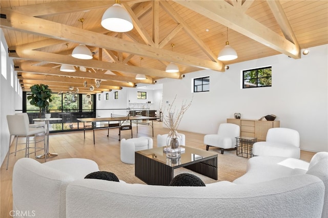 living room with wood ceiling, vaulted ceiling with beams, and wood finished floors