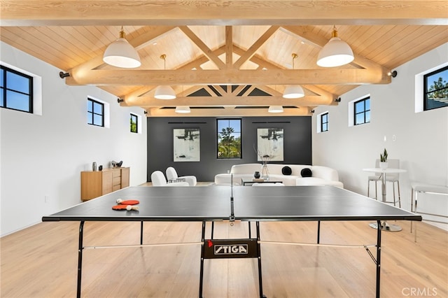 recreation room featuring lofted ceiling with beams, wooden ceiling, and wood finished floors