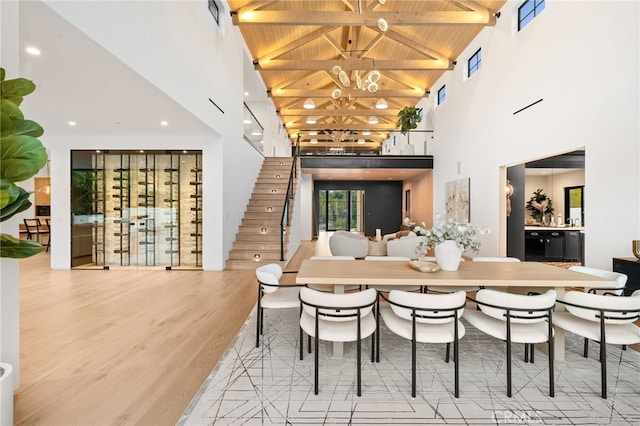 dining area with wood ceiling, beam ceiling, high vaulted ceiling, and wood finished floors