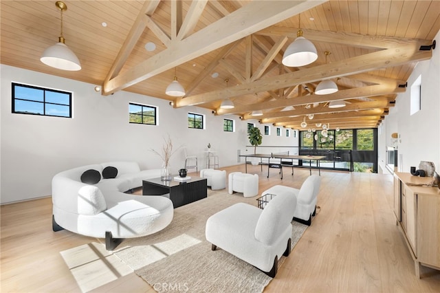 living area featuring wood ceiling, high vaulted ceiling, wood finished floors, and beam ceiling