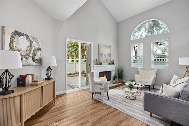 living room featuring a healthy amount of sunlight, a brick fireplace, light wood-style flooring, and baseboards