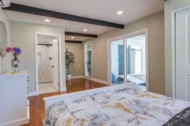 bedroom with recessed lighting, wood finished floors, access to exterior, baseboards, and beam ceiling