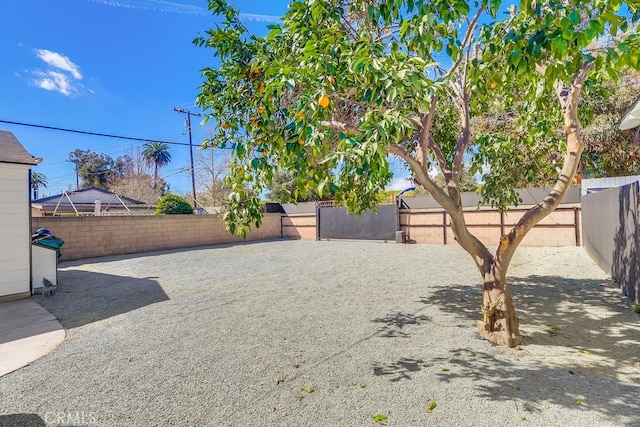 view of yard featuring a fenced backyard and a gate