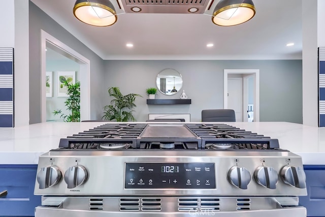 details featuring stainless steel range with gas cooktop, visible vents, and recessed lighting