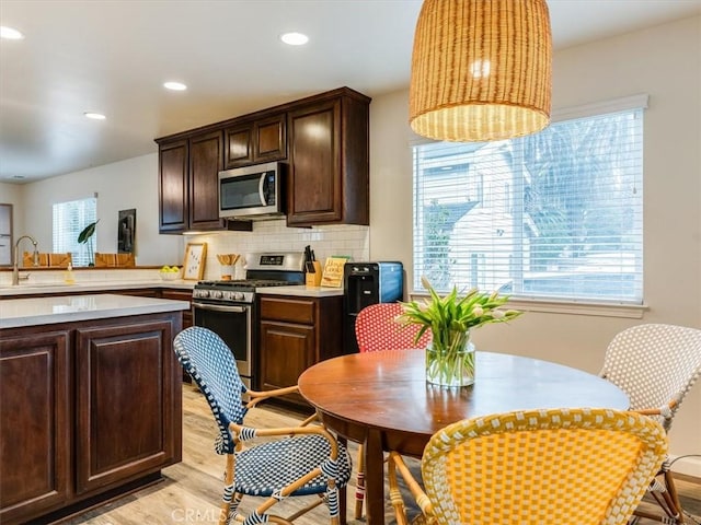 kitchen with tasteful backsplash, stainless steel appliances, dark brown cabinets, light countertops, and a sink