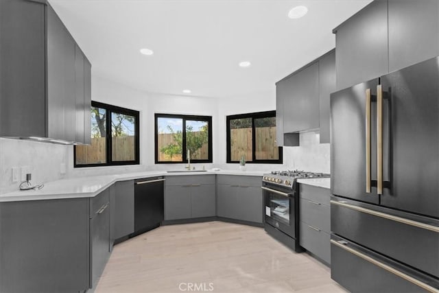 kitchen with a sink, light countertops, appliances with stainless steel finishes, backsplash, and gray cabinets