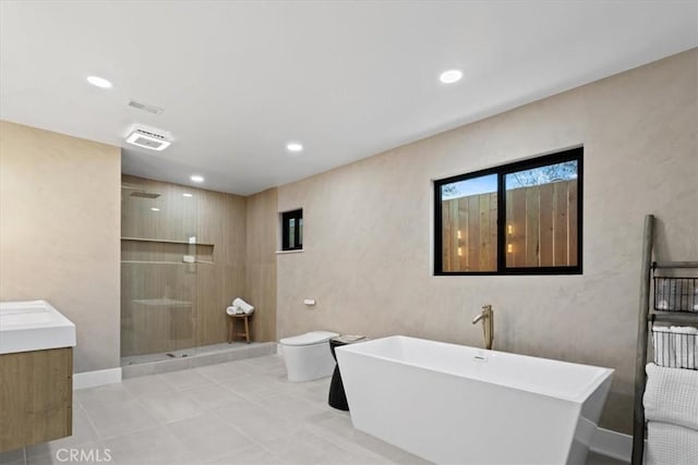 full bath featuring recessed lighting, visible vents, toilet, and walk in shower