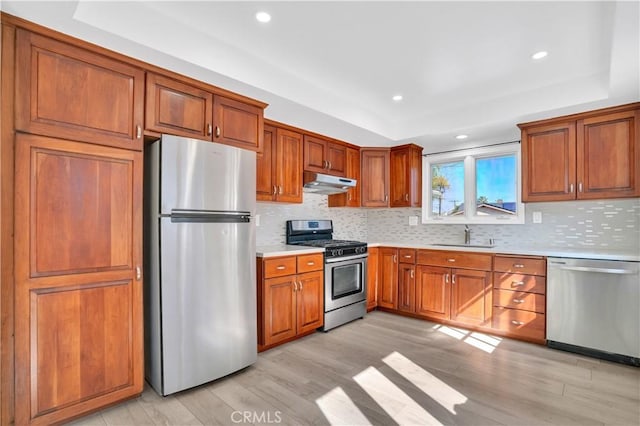 kitchen with a tray ceiling, stainless steel appliances, light countertops, under cabinet range hood, and a sink