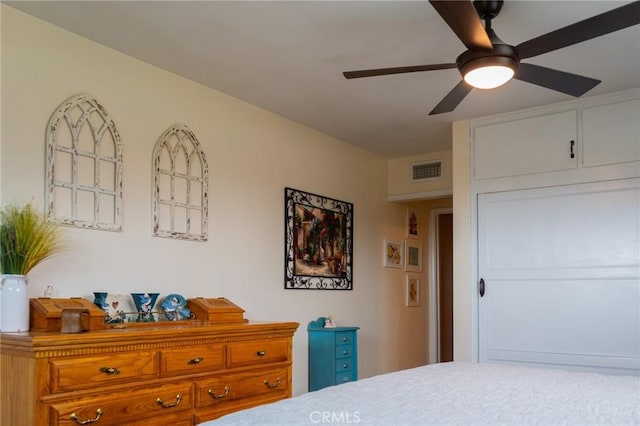 bedroom featuring ceiling fan and visible vents