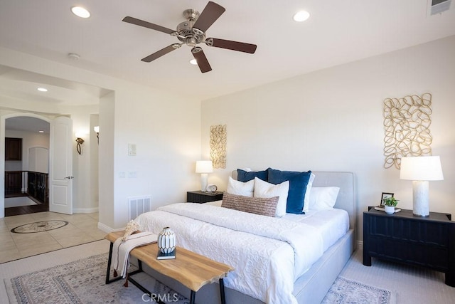 bedroom featuring light tile patterned floors, visible vents, and recessed lighting