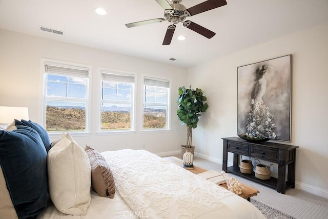 bedroom with ceiling fan, recessed lighting, visible vents, and baseboards