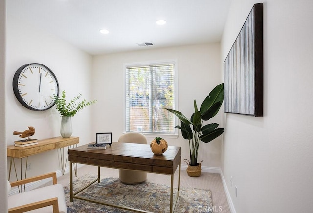 office area featuring recessed lighting, visible vents, and baseboards