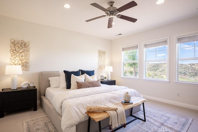 25663 Elmwood Ln, Valencia, CA 91381 - bedroom featuring recessed lighting, light colored carpet, baseboards, and ceiling fan