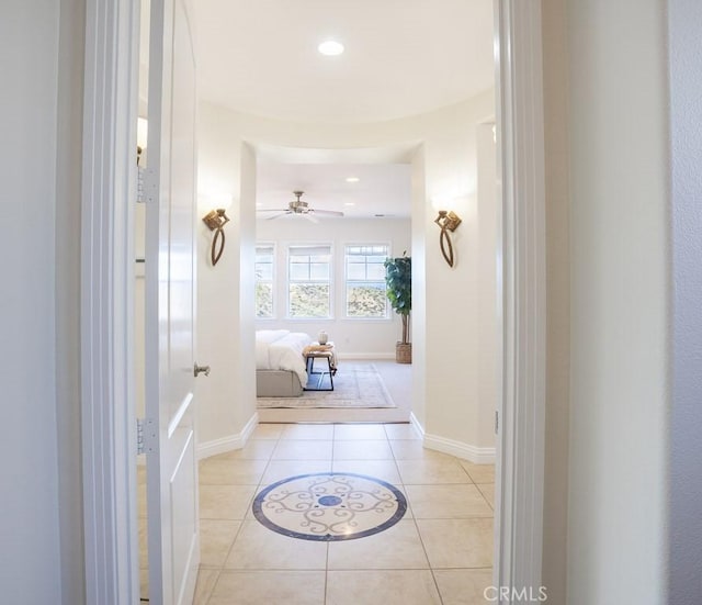 bathroom with tile patterned flooring, baseboards, ceiling fan, and recessed lighting