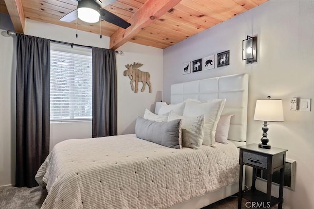 bedroom featuring ceiling fan, carpet floors, beamed ceiling, and wooden ceiling