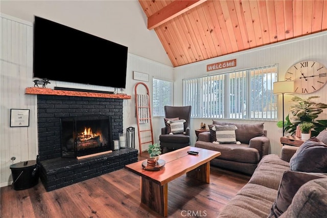 living room with a fireplace, wood finished floors, high vaulted ceiling, wooden ceiling, and beamed ceiling