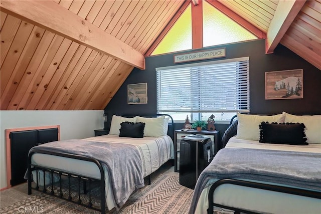 bedroom with lofted ceiling with beams, wood ceiling, and carpet floors