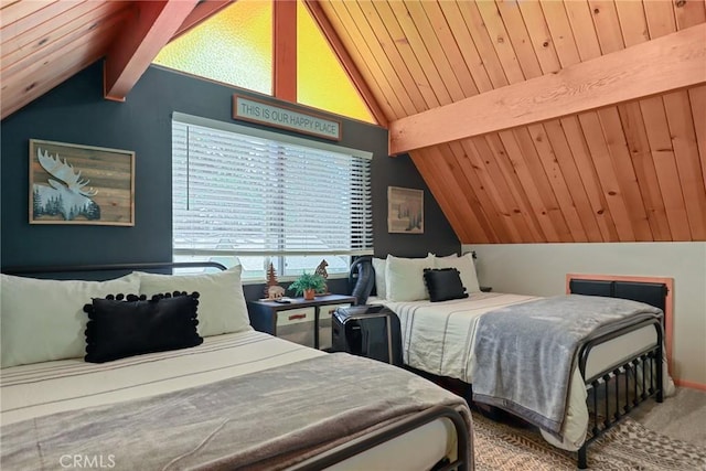 bedroom with carpet, wood ceiling, and vaulted ceiling with beams