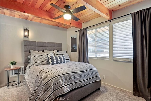 bedroom featuring visible vents, wooden ceiling, ceiling fan, carpet floors, and beam ceiling