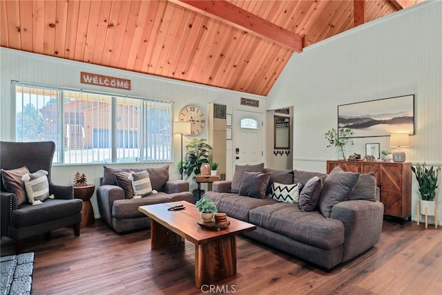 living room featuring high vaulted ceiling, wood ceiling, beam ceiling, and wood finished floors